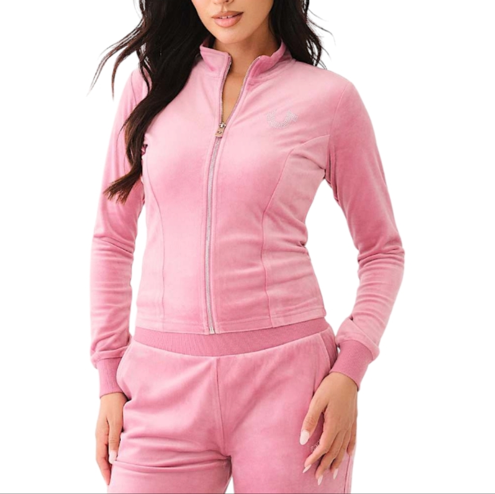 TRUE RELIGION CRYSTAL HORSESHOE VELOUR TRACK JACKET COLOR BABY PINK SZ  XXXL - Picture 7 of 11
